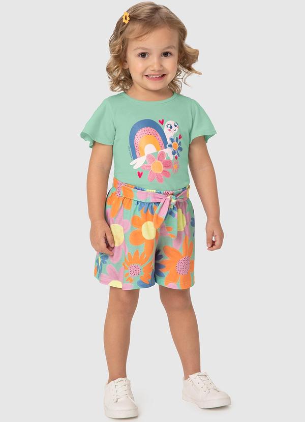 Malwee Kids - Conjunto Verde Água Floral Evasê Menina