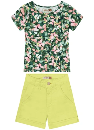 Carinhoso - Conjunto Verde Floral com Sarja Menina - CARINHOSO