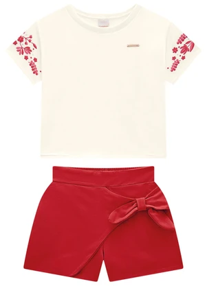 Carinhoso - Conjunto Vermelho Floral com Laço Menina - CARINHOSO