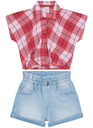 Carinhoso - Conjunto Xadrez com Jeans Menina Vermelho - CARINHOSO