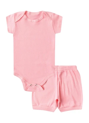 Select - Kit Body Bebê Curto Canelado 2 Peças Rosa - SELECT