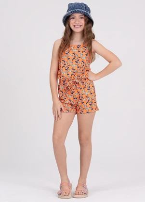 Vida Costeira - Macaquinho Infantil Alcinha Florais Laranja - VIDA COSTEIRA
