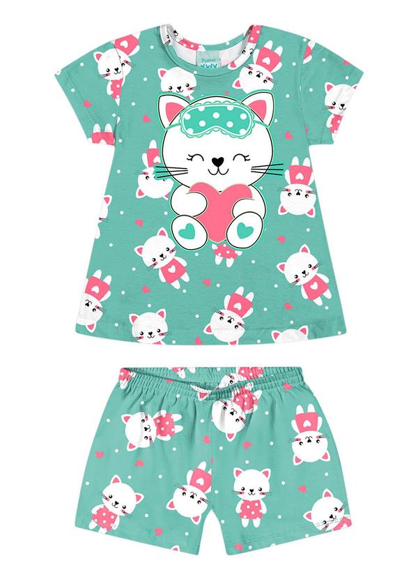 Kyly - Pijama Infantil Menina Gatinho Verde