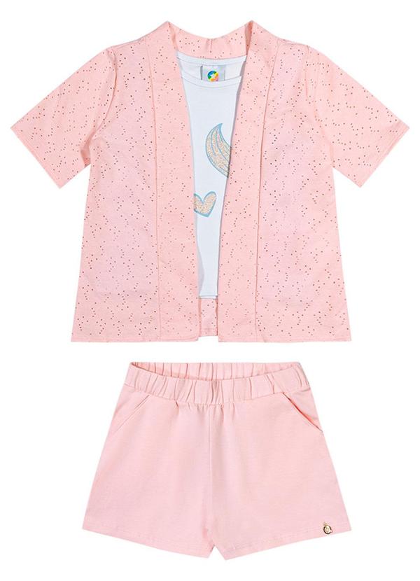 Alenice - Trijunto com Regata, Shorts e Kimono Menina Rosa