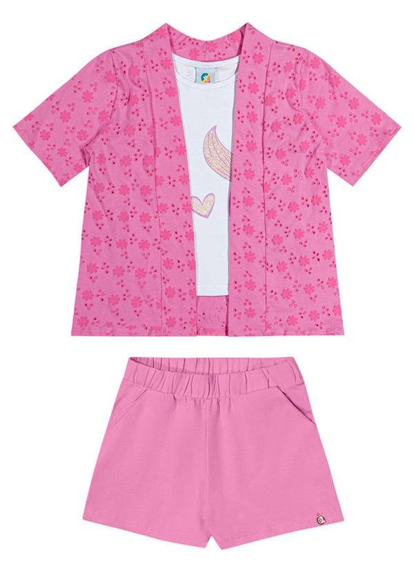 Alenice - Trijunto com Regata, Shorts e Kimono Menina Rosa