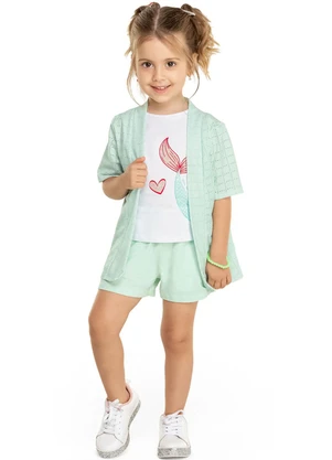Outlet - Trijunto com Regata, Shorts e Kimono Verde - OUTLET