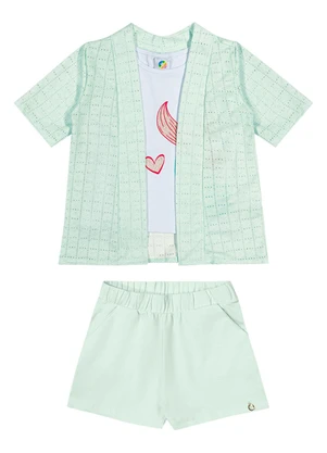 Outlet - Trijunto com Regata, Shorts e Kimono Verde - OUTLET