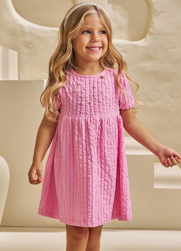 Pokótinha - Vestido em Jacquard Tricot Frufru Rosa