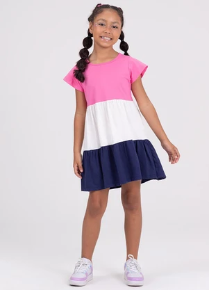 Vida Costeira - Vestido Infantil Evasê Camadas Bordado Rosa - VIDA COSTEIRA