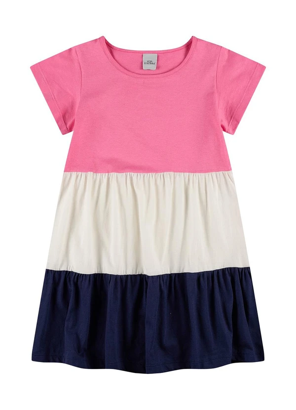 Vida Costeira - Vestido Infantil Evasê Camadas Bordado Rosa 2