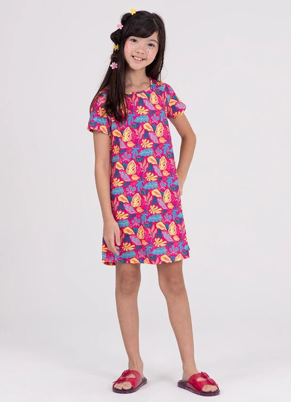 Vida Costeira - Vestido Infantil Sublimado Folhagens Rosa 1
