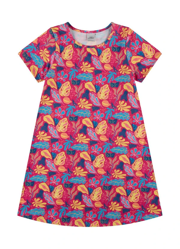 Vida Costeira - Vestido Infantil Sublimado Folhagens Rosa 2
