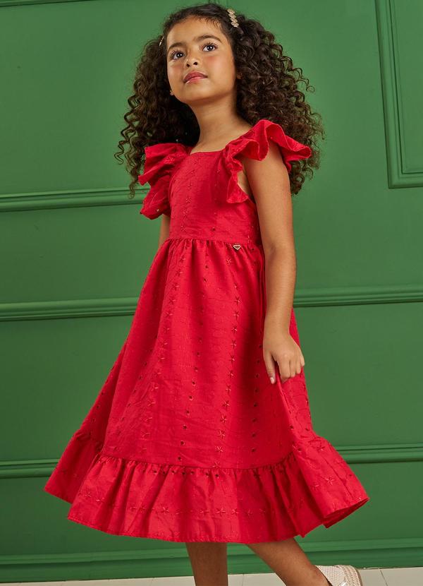 Pokótinha - Vestido Midi em Tecido Bordado Vermelho