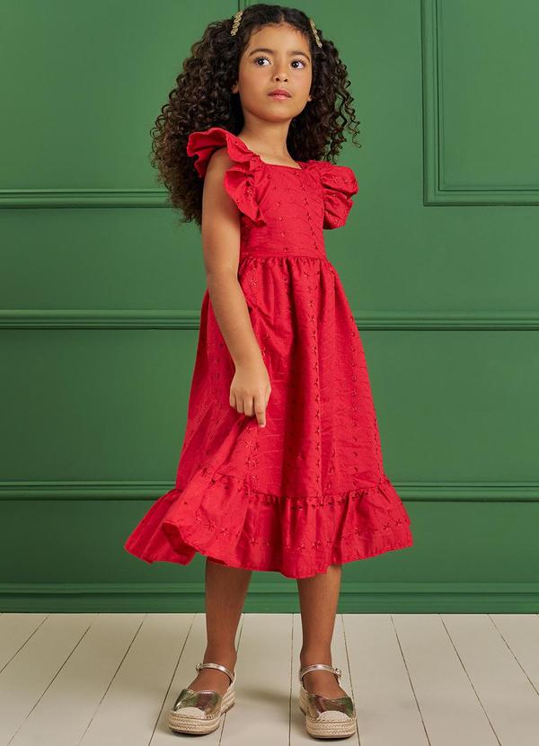 Pokótinha - Vestido Midi em Tecido Bordado Vermelho 3