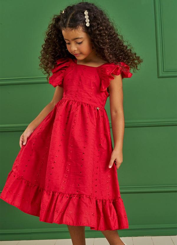 Pokótinha - Vestido Midi em Tecido Bordado Vermelho 5