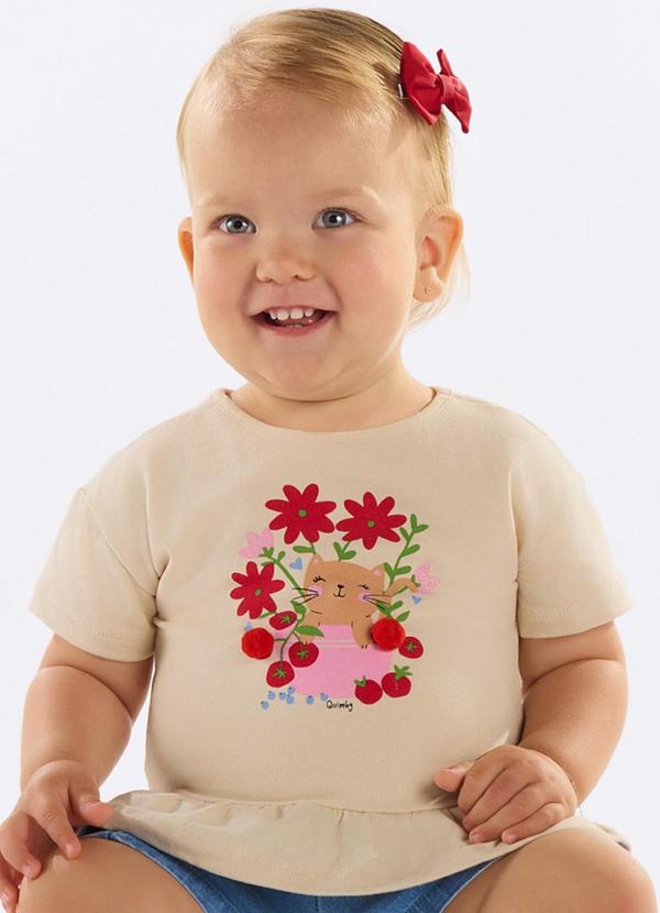 Quimby - Blusa Bebê com Glitter e Pompom Bege