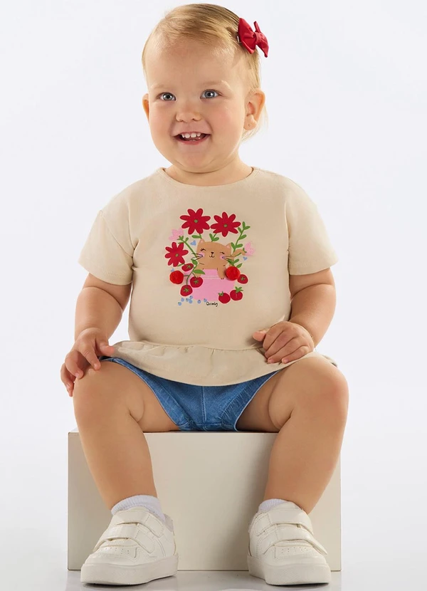 Quimby - Blusa Bebê com Glitter e Pompom Bege 2