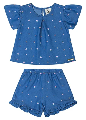 Quimby - Conjunto Blusa e Short Cerejas Bebê Azul - QUIMBY