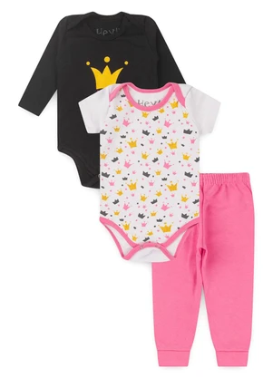 Atelie da Crianca - Kit Body Bebê 3 Peças Coroa Pink - ATELIE DA CRIANCA