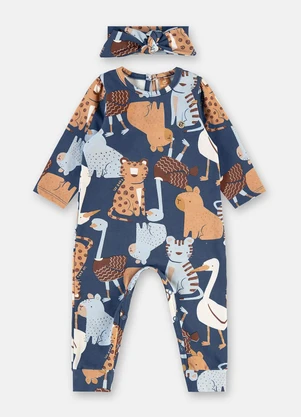 Up Baby - Macacão Bebê Menina Faixa Cabelo Azul - UP BABY