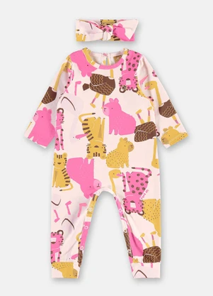 Up Baby - Macacão Bebê Menina Faixa Cabelo Rosa - UP BABY