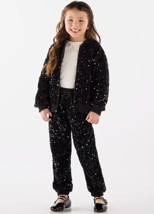 Up Baby - Calça Menina em Veludo Paetê Preto - UP BABY