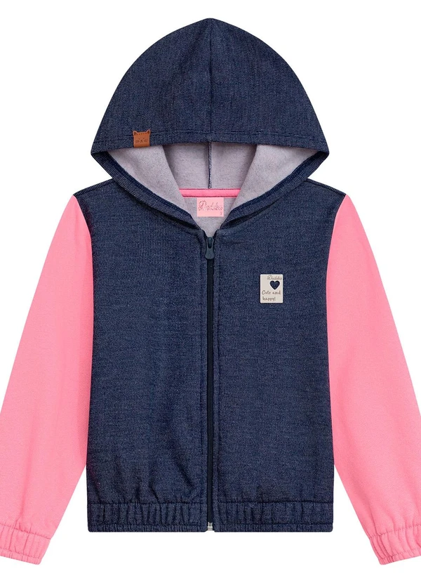 Duduka - Jaqueta Infantil com Capuz Moletom Jeans Rosa 