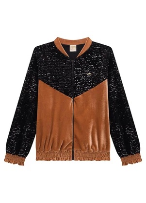 Milli e Nina - Jaqueta Infantil em Veludo Alemão e Paetê Marrom - MILLI E NINA