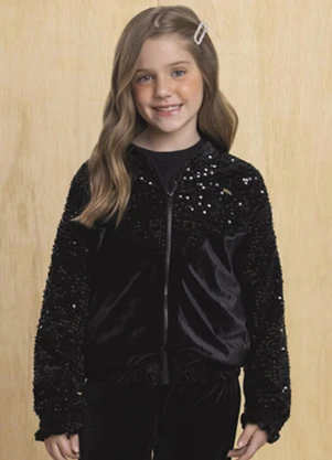 Milli e Nina - Jaqueta Infantil em Veludo Alemão e Paetê Preto - MILLI E NINA