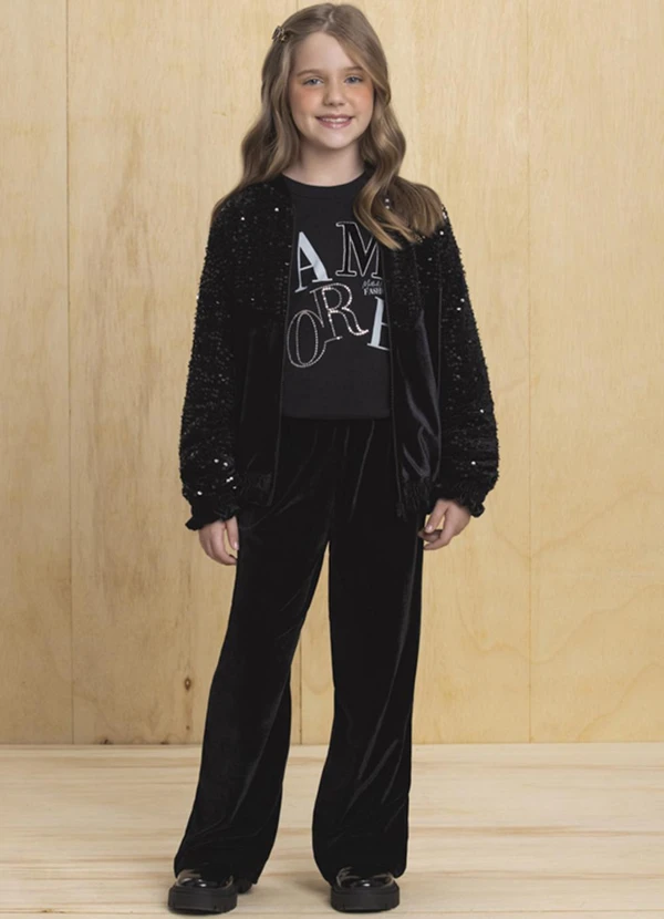 Milli e Nina - Jaqueta Infantil em Veludo Alemão e Paetê Preto 3