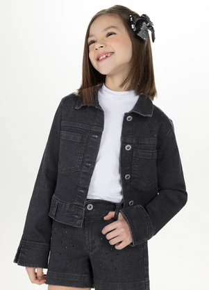Alakazoo - Jaqueta Jeans Cropped Infantil com Strass Preto - ALAKAZOO