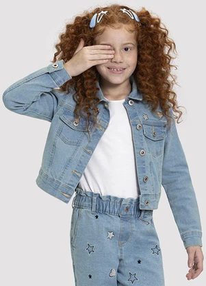 Alakazoo - Jaqueta Jeans Infantil Menina Cropped Bordada Jeans - ALAKAZOO