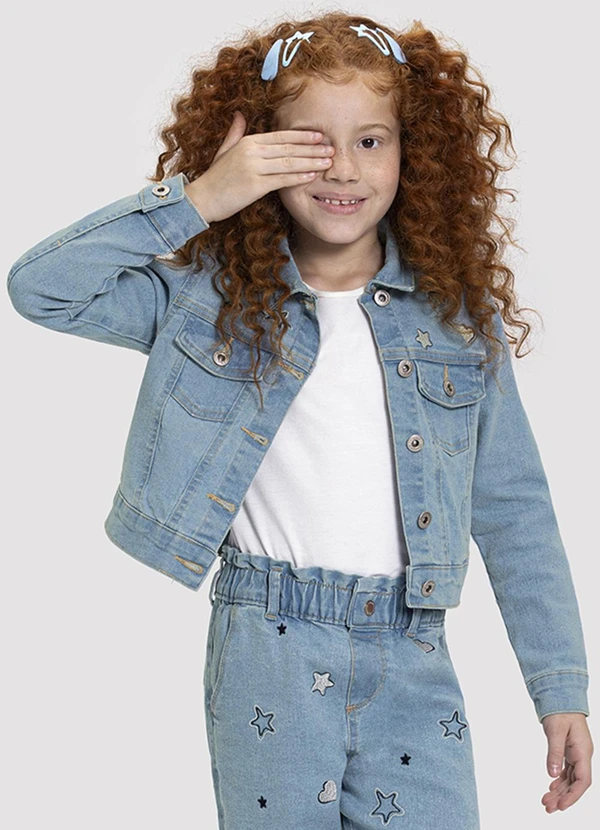 Alakazoo Jaqueta Jeans Infantil Menina Cropped Bordada Jeans