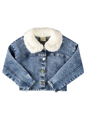 Milli e Nina - Jaqueta Menina Jeans Trancoso Gola Pelo Azul - MILLI E NINA