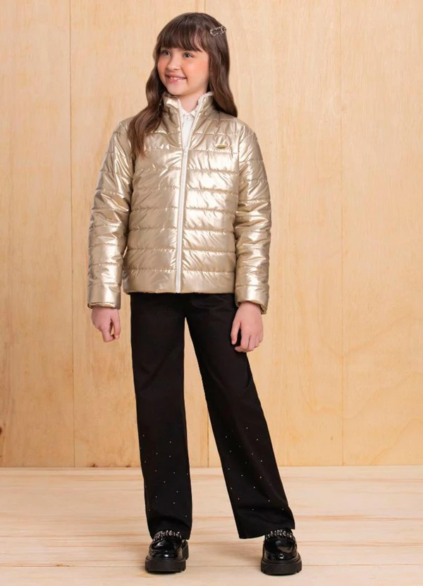 Milli e Nina - Jaqueta Puffer em Nylon Perolizado Dourado 2