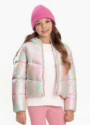 Alakazoo - Jaqueta Puffer Infantil com Capuz e Zíper Rosa - ALAKAZOO