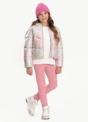 Alakazoo - Jaqueta Puffer Infantil com Capuz e Zíper Rosa - ALAKAZOO