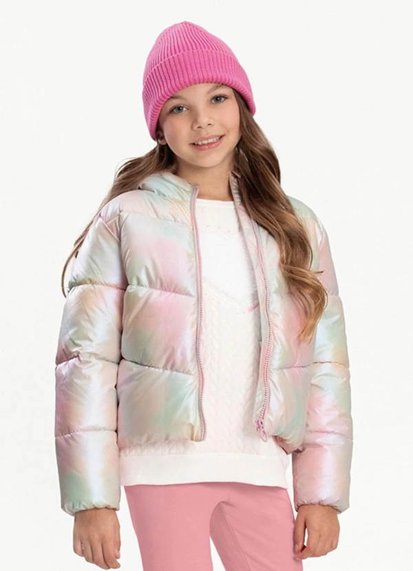 Alakazoo - Jaqueta Puffer Infantil com Capuz e Zíper Rosa 1