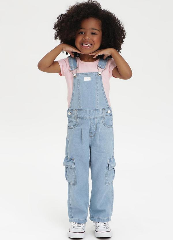 Sun Place - Jardineira Jeans Bebê Menina Wide Cargo Azul