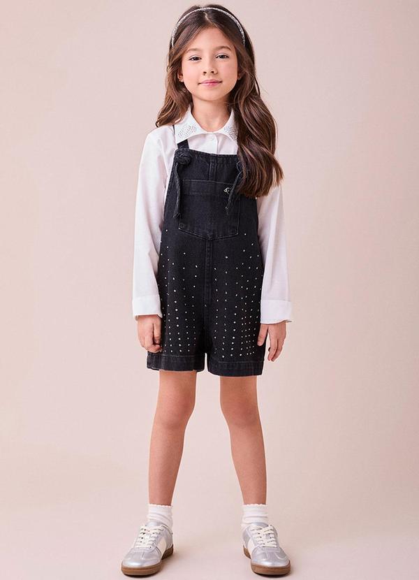 Momi - Jardineira Jeans Preta com Strass Preto