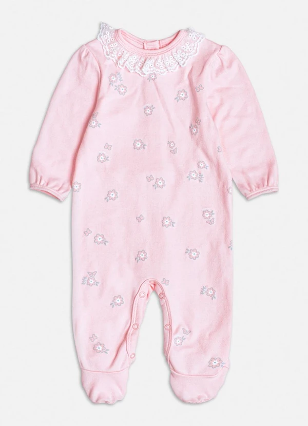 Momi - Macacão Rosa Floral com Golinha de Renda Rosa