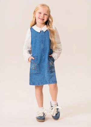 Bugbee - Salopete Infantil Jeans Estampa Artesanal Azul - BUGBEE