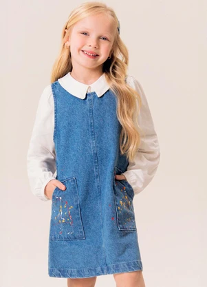 Bugbee - Salopete Infantil Jeans Estampa Artesanal Azul - BUGBEE