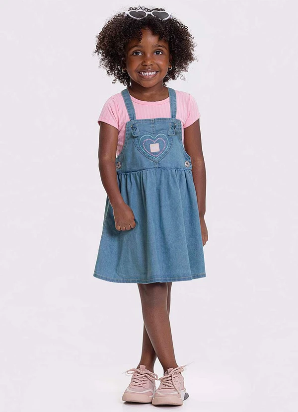 Alakazoo - Salopete Jeans Bordado e Alças Reguláveis Azul