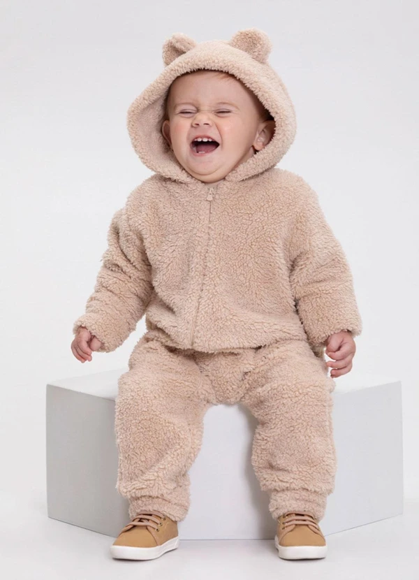 Alakazoo - Macacão Bebê com Zíper e Capuz em Pelo Bege