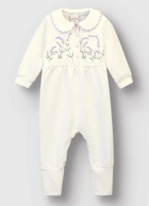 Carinhoso - Macacão com Bordado Menina Off White - CARINHOSO