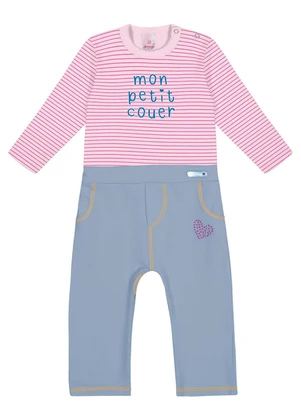 Abrange - Macacão Listrado e Jeans Claro Baby Rosa - ABRANGE