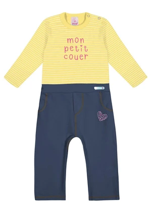 Abrange - Macacão Listrado e Jeans Escuro Baby Amarelo - ABRANGE