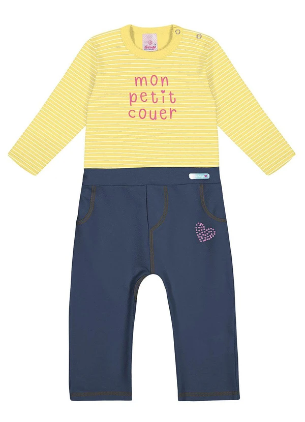 Abrange - Macacão Listrado e Jeans Escuro Baby Amarelo