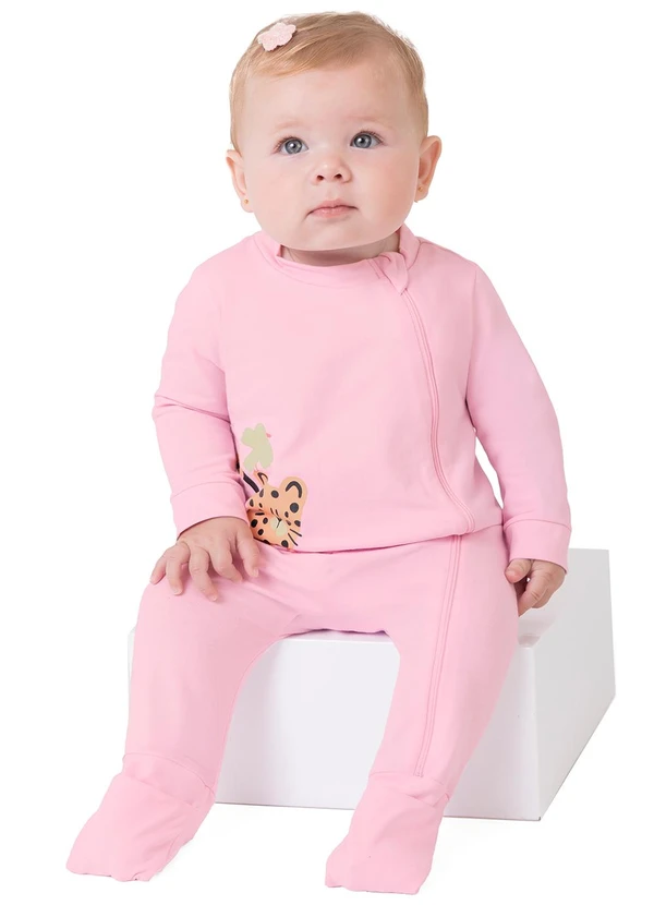 Malwee Kids - Macacão Onça com Pé Reversível Rosa Claro